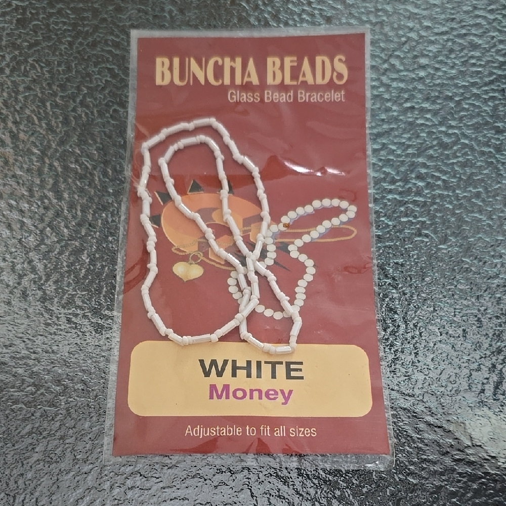 Buncha Beads - White Glass Bead Adjustable Bracelet "Money" - NWT